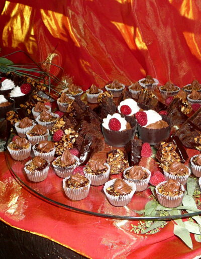 Chocolate dessert display with mini cupcakes, cake slices, and raspberries