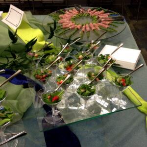 Individual strawberry-and-greens salads with prosciutto-wrapped asparagus